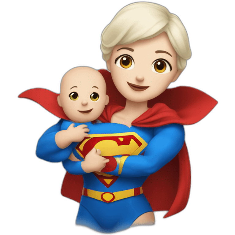 mother white skin dressed as Superman with a cape holding a baby emoji