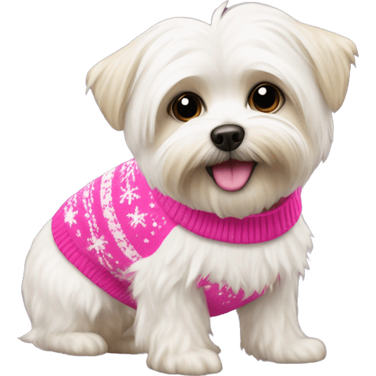 white morkie dog with pink christmas sweater emoji