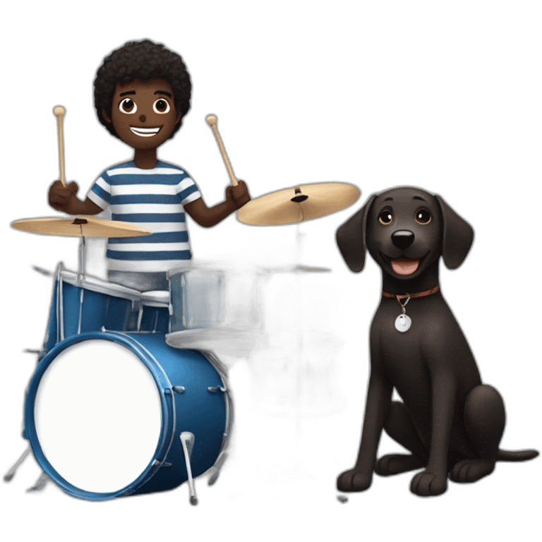 Dark skin guy with slightly receiding hair. Smiling playing the drums. With a black dog with brown stripes, Labrador  for next to him  emoji