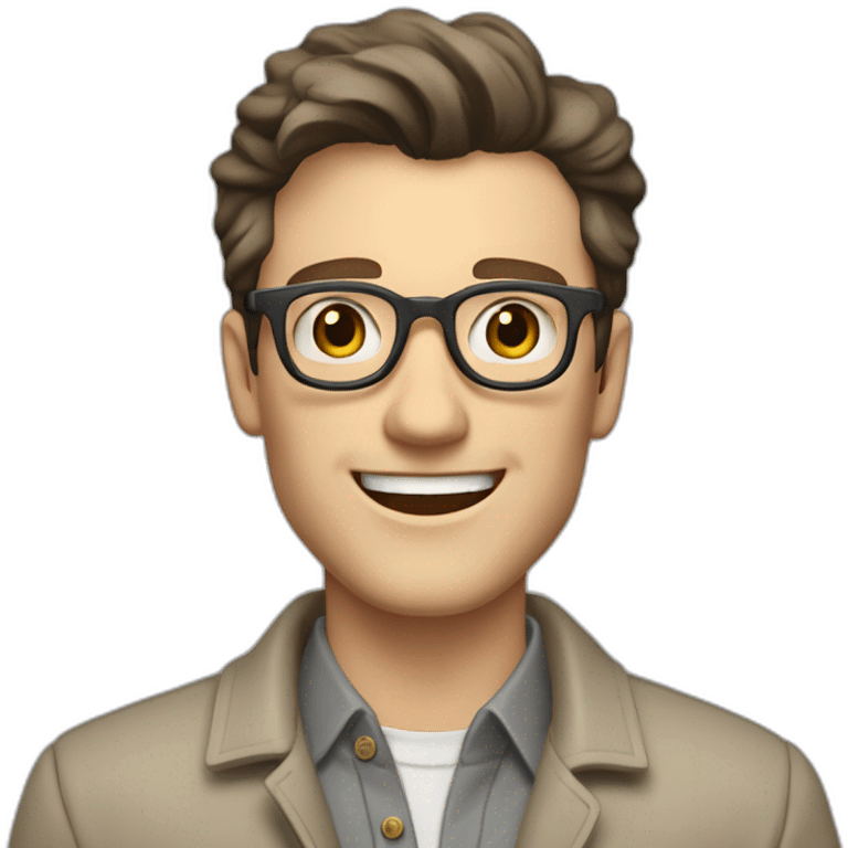 Joyful Pale skinned Fit Man With dark brown hair in gray jacket, beige office shirt, Brown pants and vintage glasses. His thrumbs up emoji