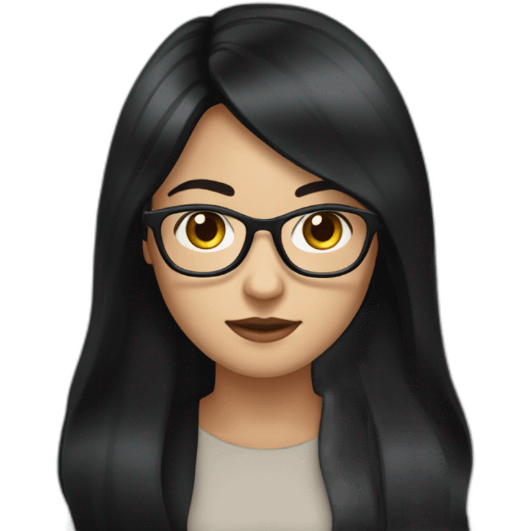 generate emoji unrussian girl with long black hair, glasses, dark-black hair, brown eyes emoji