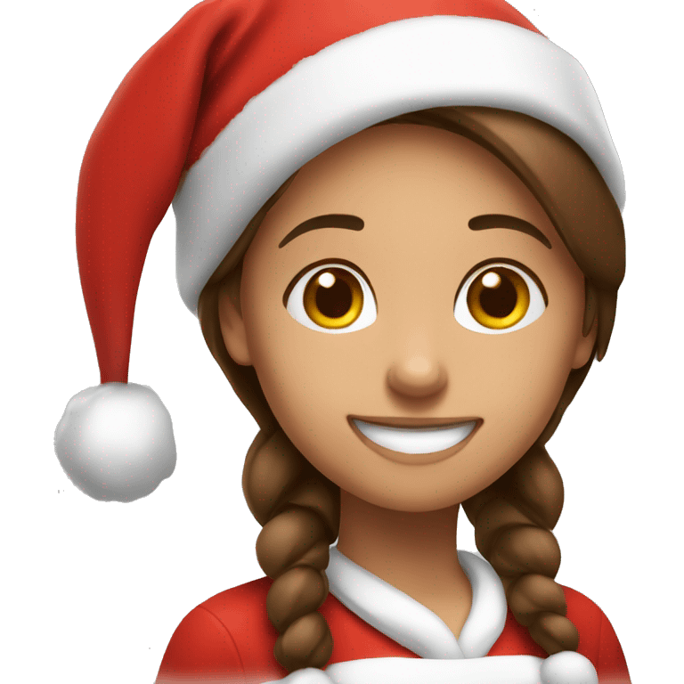 smiling girl with brown hair with santa hat emoji