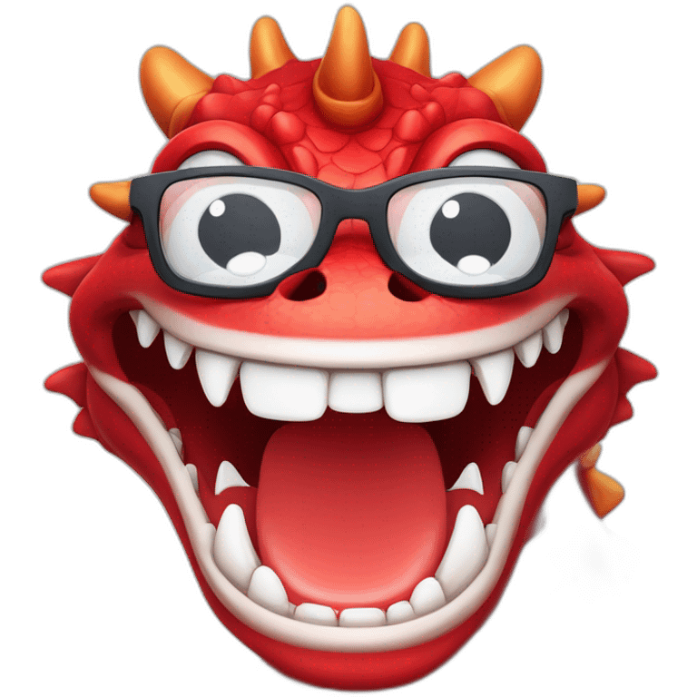 Crazy funny red dragon head with human white teeth and beautiful smile wearing glasses and hat emoji