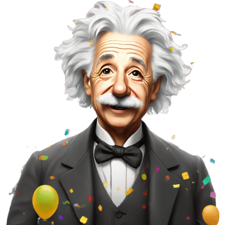 happy albert einstein with lots of colourful confetti and party balloons emoji