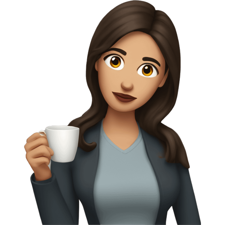 brunette woman sipping tea with eyebrows raised emoji