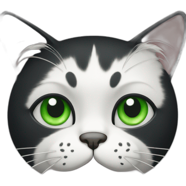 Black white cat with green eyes and grumpy face emoji