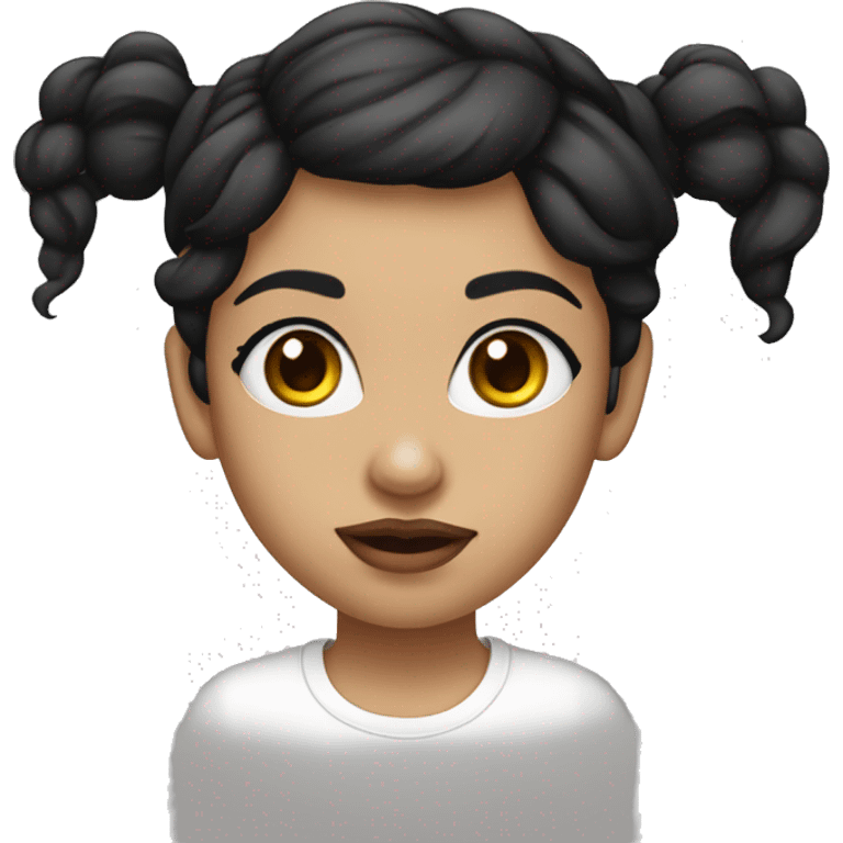 A girl with long wavy black hair, thick eyebrows, long eye lashes with white skin and pick lips. Wearing a white tshirt emoji