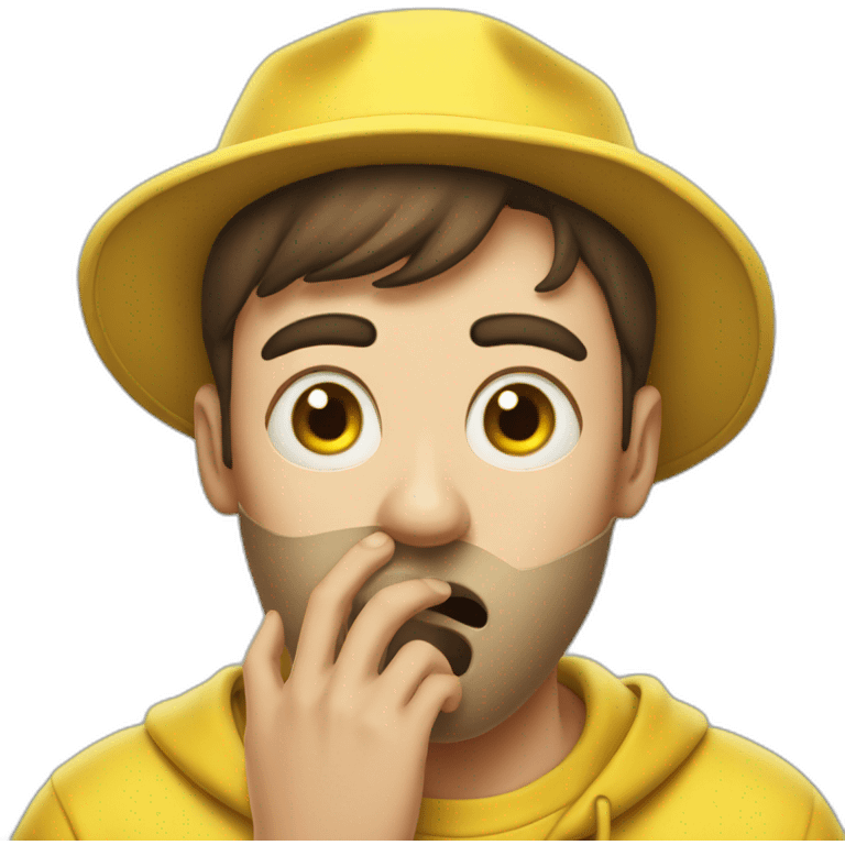 guy in a yellow clothing is shocked, covering his mouth with  hend emoji