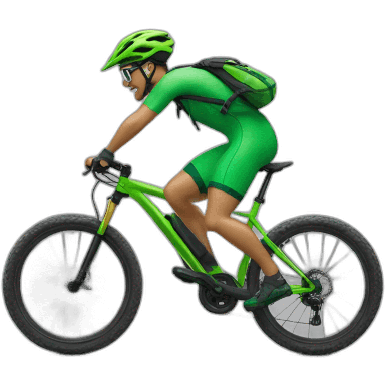 Mountain biker con bicicleta de color verde, y ropa de color negra, corriendo a mucha velocidad. Sin mochila emoji