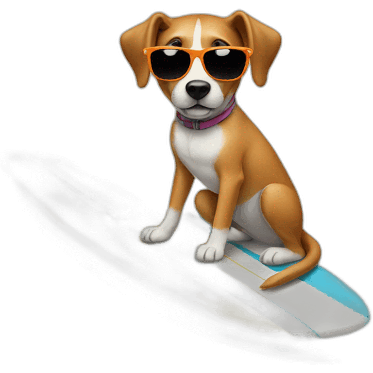 Dog posing on a surfboard with sunglasses emoji