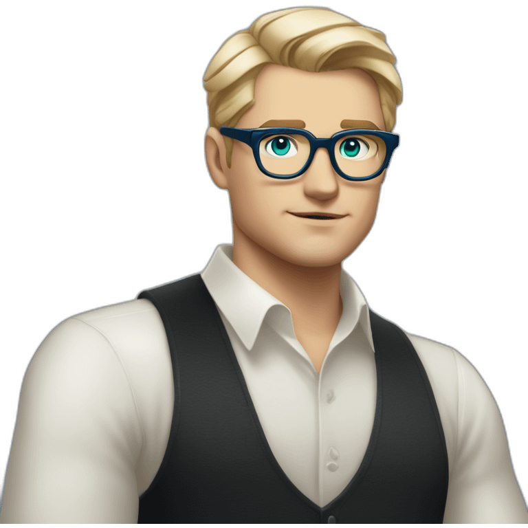 blonde hair white male wearing black shirt with bold blue thick glasses and has green eyes and blonde short hair in comb over Gatsby style similar face shape to Leonardo DiCaprio emoji