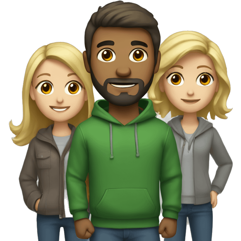 two girls and one guy. one of the girls is a blonde in a green sweater, the other has brown hair and wear gray hoodie, in the middle is a guy with dark hair and a beard emoji