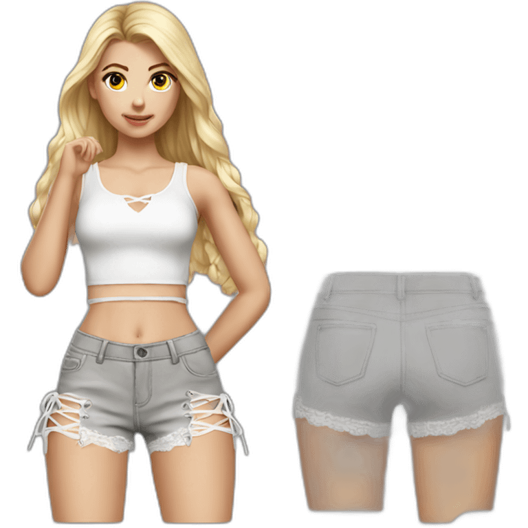 hyperrealistic caucasian female, long straight blonde hair, white lace up crop top, grey mini short skirt emoji