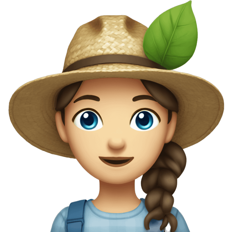 farmer girl, bright blue eyes, dark brown hair, with a straw hat, ponytail, holding greens emoji