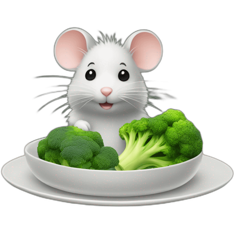 cute fluffy mouse beside an plate with broccoli emoji