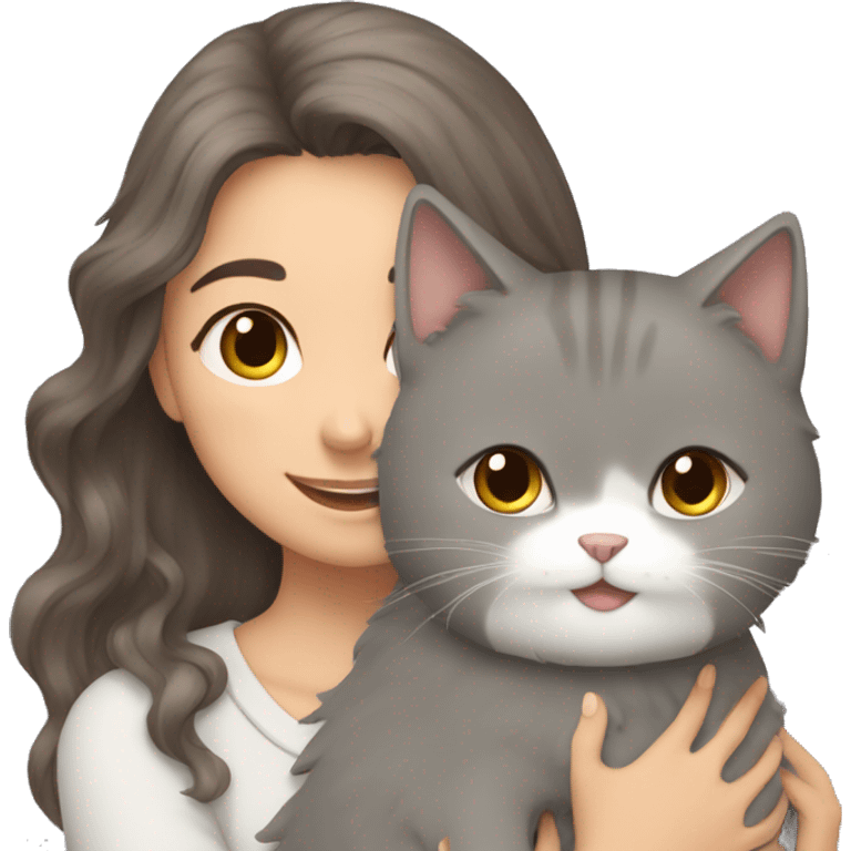 Fluffy grey cat hugging brown hair girl emoji