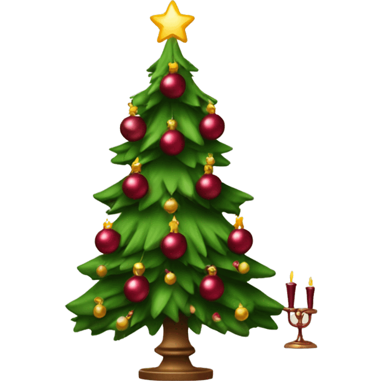 Christmas tree with burgundy ornaments and candlesticks emoji