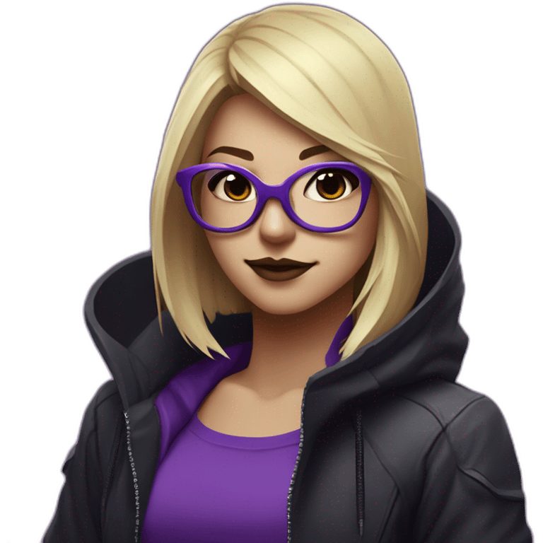 Girl blond developer with round glasses left side behind his laptop with this style: Valorant Riot Game purple character purple black hooded hacker  emoji