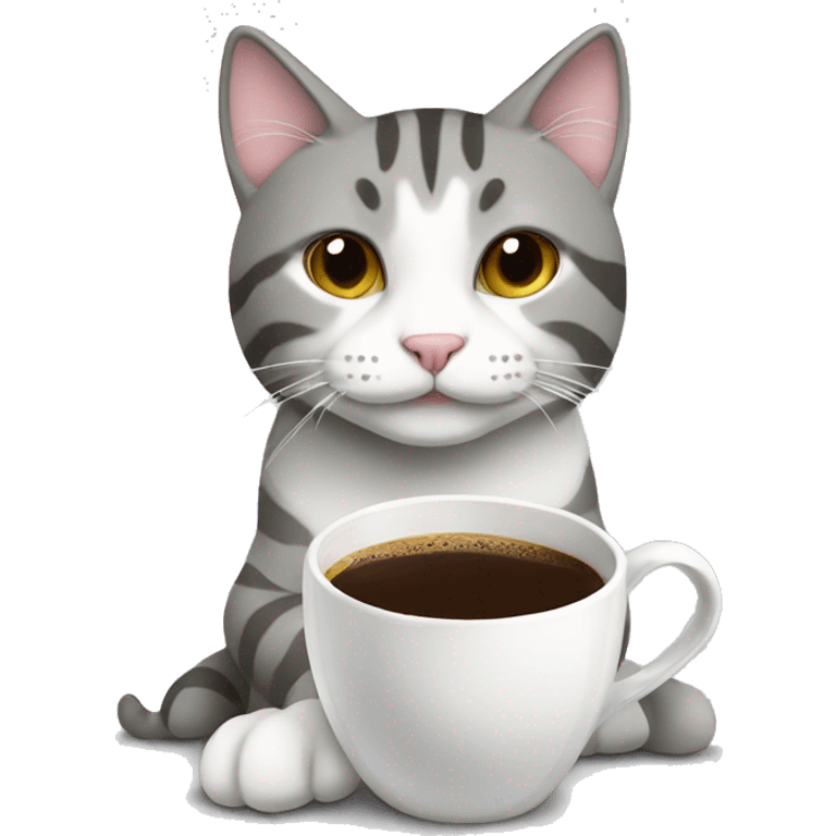 Grey and white tabby cat drinking coffee emoji