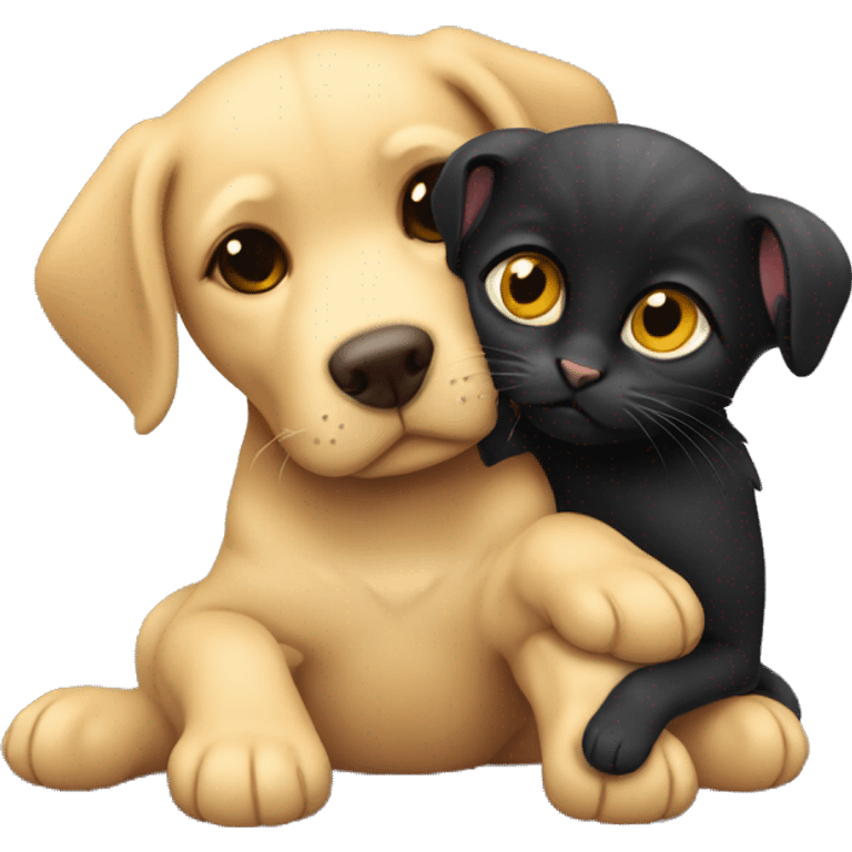 Small black kitten cuddling with dark yellow Labrador dog emoji