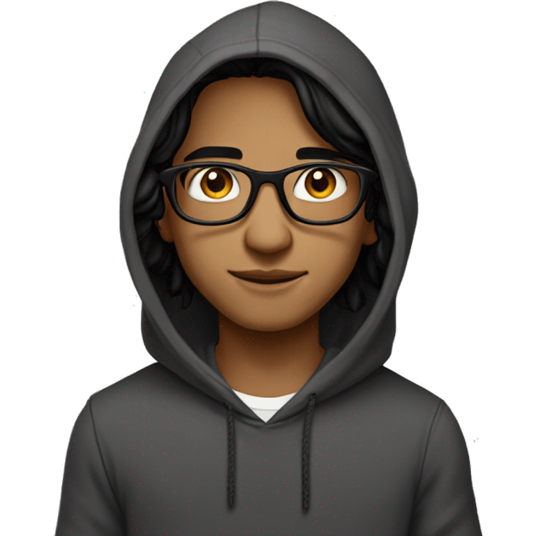 India boy middle parting black long hair dark hazel eyes thin glasses hoodie emoji