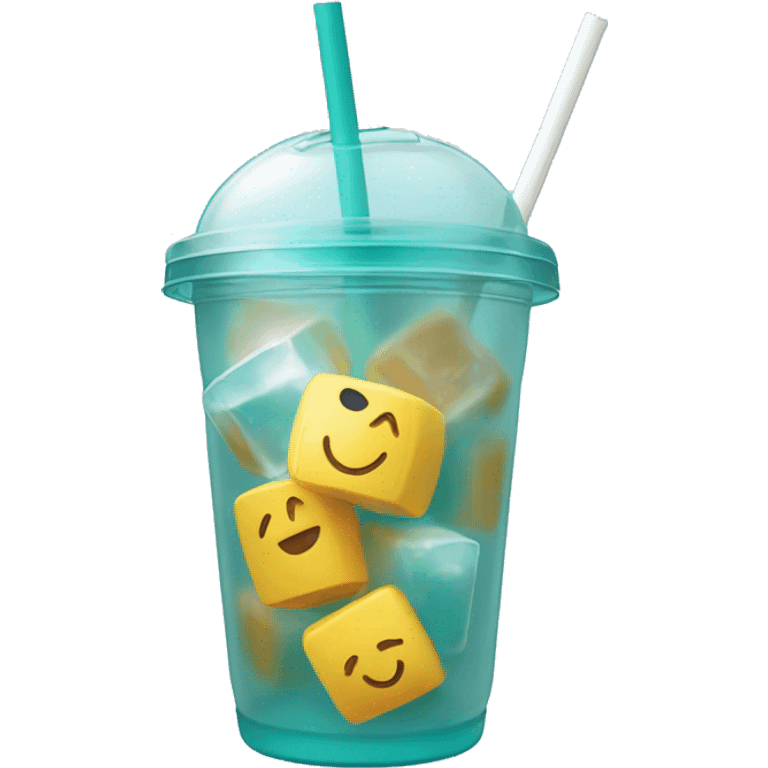 Realistic plastic cup and lid with Transluscent teal and large ice cubes inside and one straw through the top of the lid. emoji