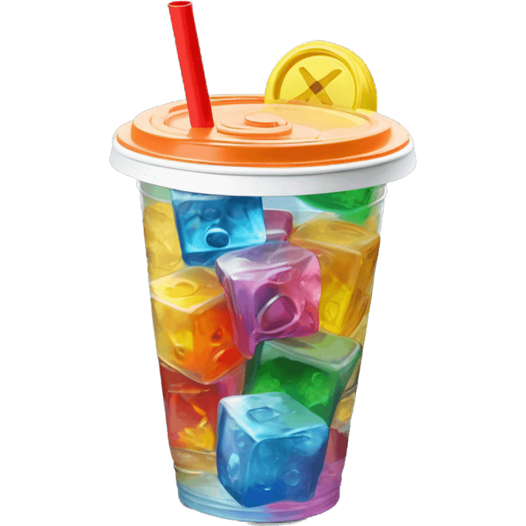 Realistic plastic cup and lid with colored soda and large ice cubes inside and colorful straw poked through the top of the lid. emoji