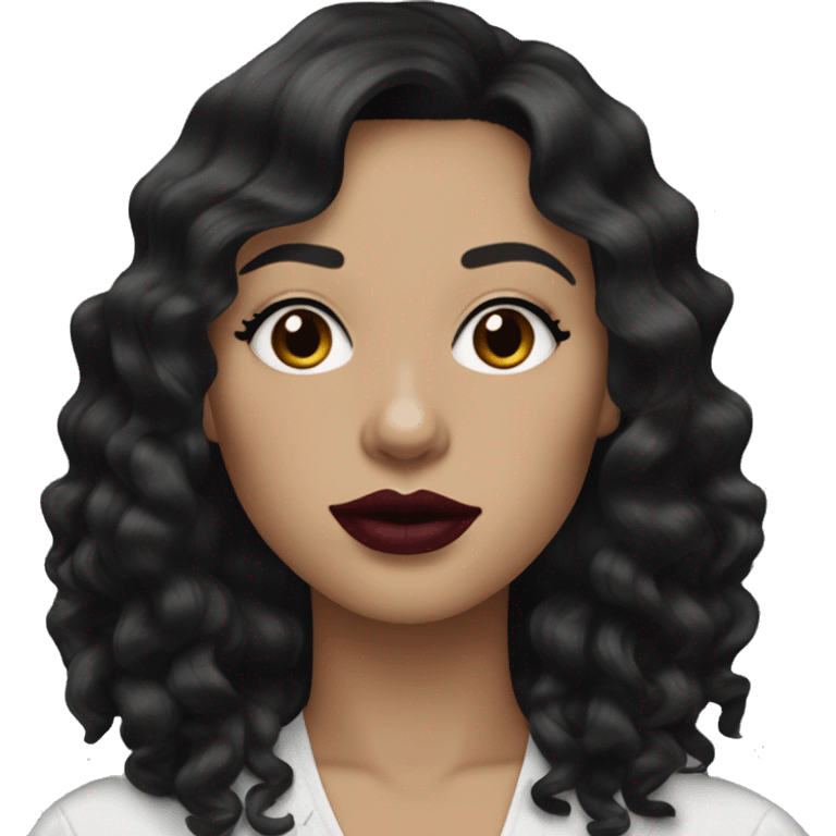 One woman black wavy hair, curtain bangs, white skin and burgundy lips emoji