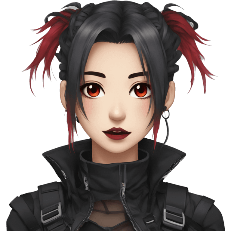 Gorgeous techwear anime style lady with blushing face aesthetic and pretty edgy black red punk messy hair with collar and harness trending style emoji