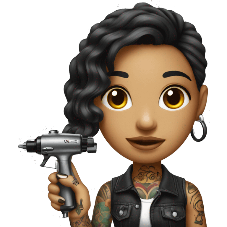 Tattoo artist with tattoo gun. The artist is Hispanic girl  emoji