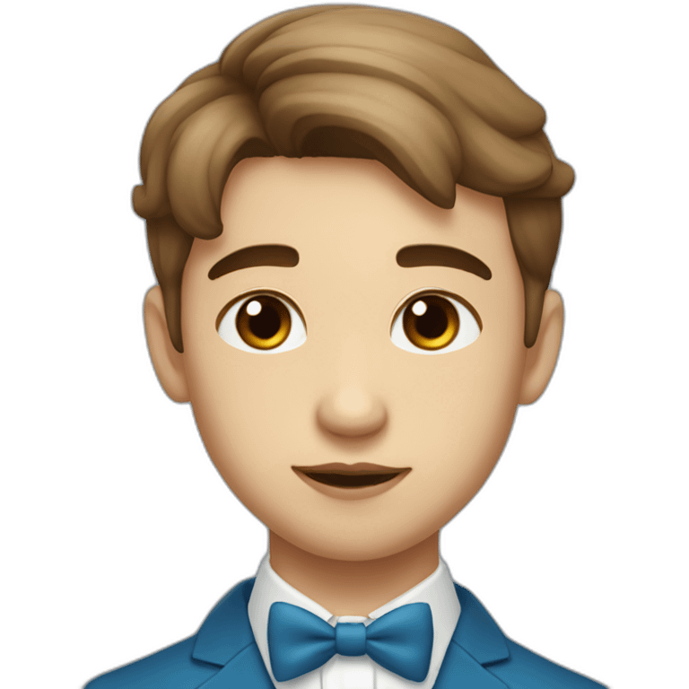 A young male tennager with a beauty spot on chin with a round face and very short brown hair and a mole on chin wearing a blue bow tie emoji