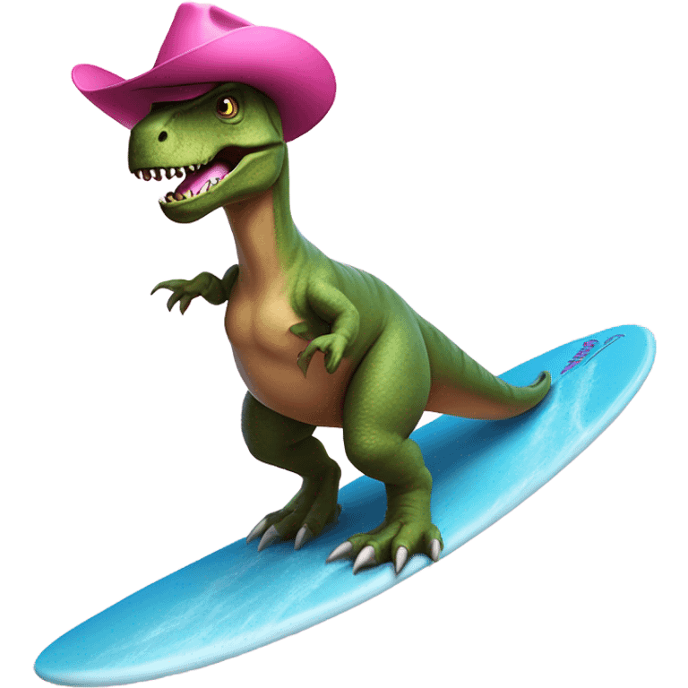 T-rex riding a surfboard with a pink cowboy hat on emoji