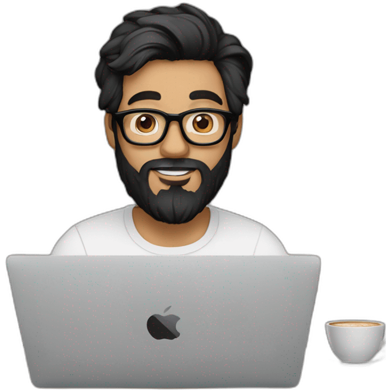 Designer with black hair, beard and glasses working with MacBook and drinking cappuccino  emoji