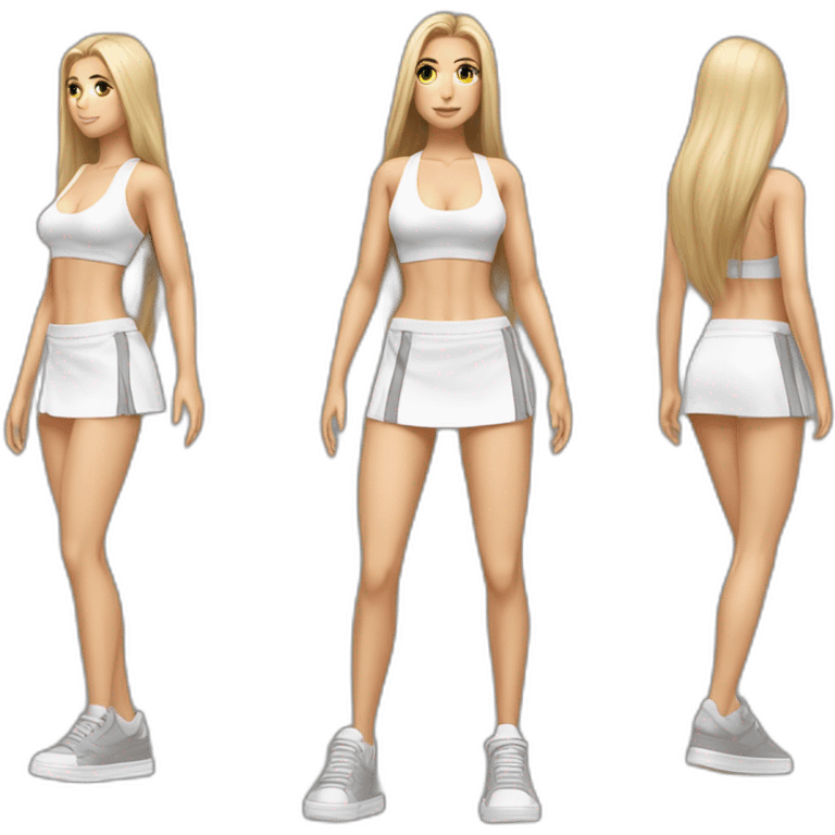 hyperrealist caucasian long straight hair blonde brown eyes white bikini top gray tight mini skirt black sneakers full body emoji