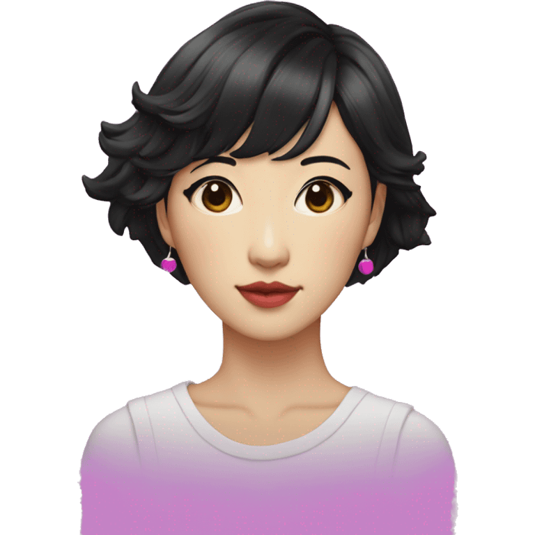 a short-haired Taiwanese lesbian as a designer with vaporwave style, without makeup, with earings, and with black hair. emoji