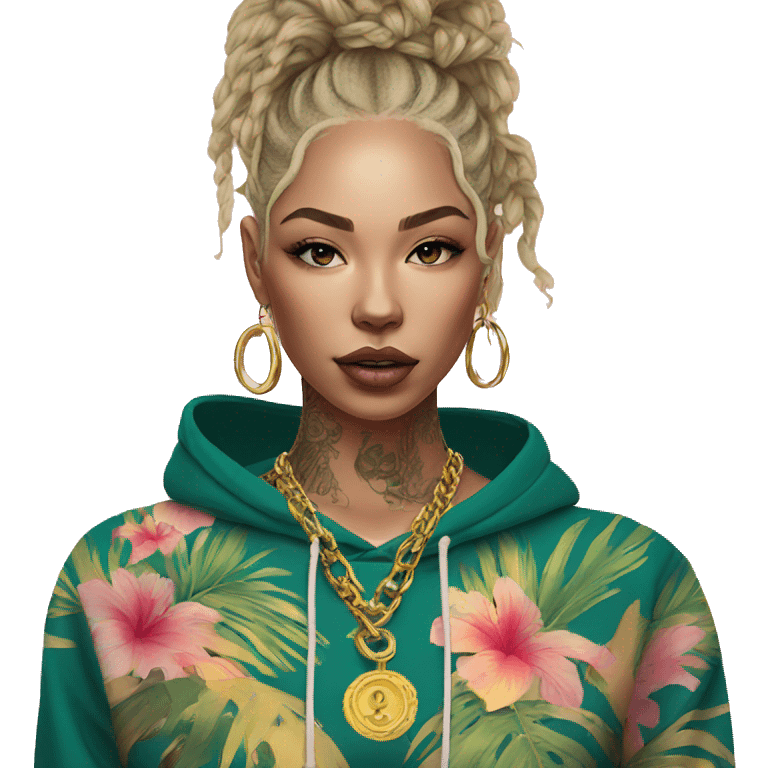 Trendy lady tropical baroque hoodie with tattoos and gold chain emoji