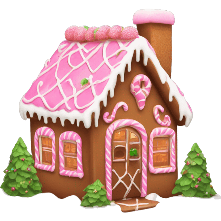 Pink and brown gingerbread house with light greenery  emoji