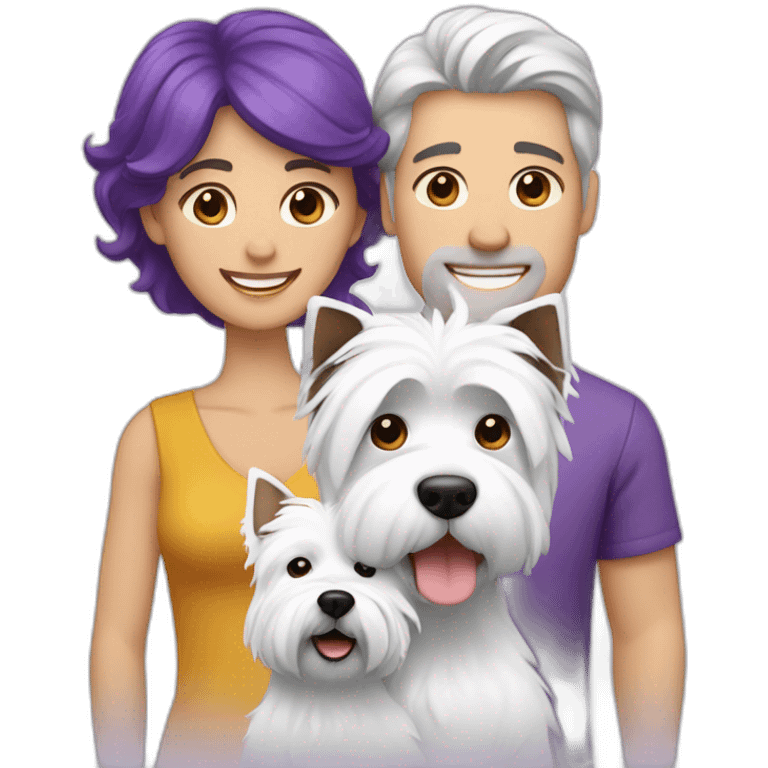 a family consisting of 1 white man with dark brown hair, 1 white woman with purple hair and 1 happy west highland white terrier emoji