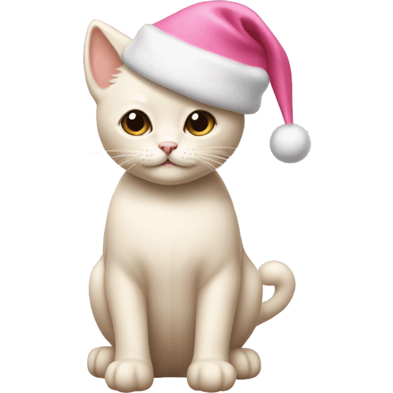 Cream kitten whole body, and with pink Christmas hat emoji