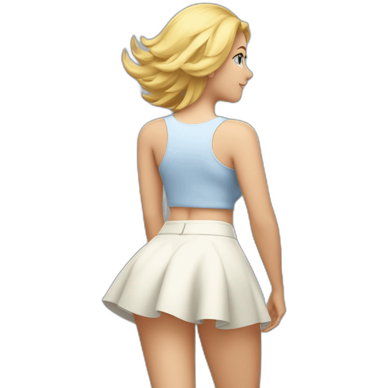 full body back view curvy caucasian beauty in small skirt lifted by the wind butt white socks emoji