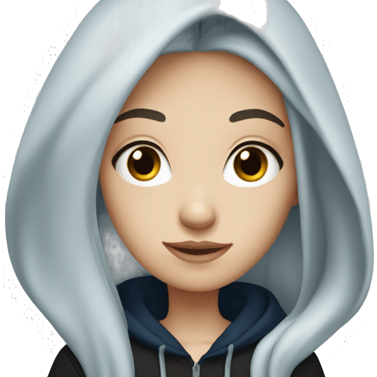 white girl with long straight dark blue hair wearing black hoodie emoji