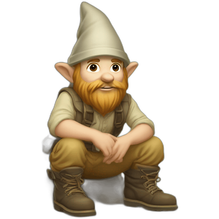 side angle of gnome with light tan pants and light tan boots squatting in front of small brown log emoji