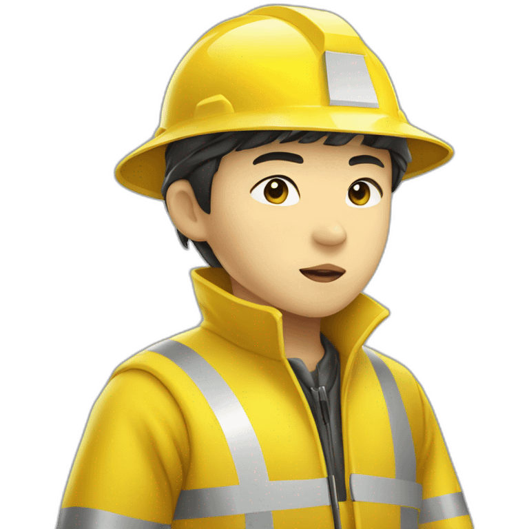 chinese boy with thick lip wearing yellow rain jack and white safety helmet doing inspection emoji