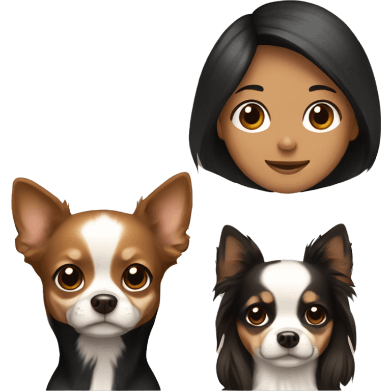 Couple, girl with black hair, Boy with Brown hair with three Long haired Chihuahuas with Creme beige an white fur  emoji