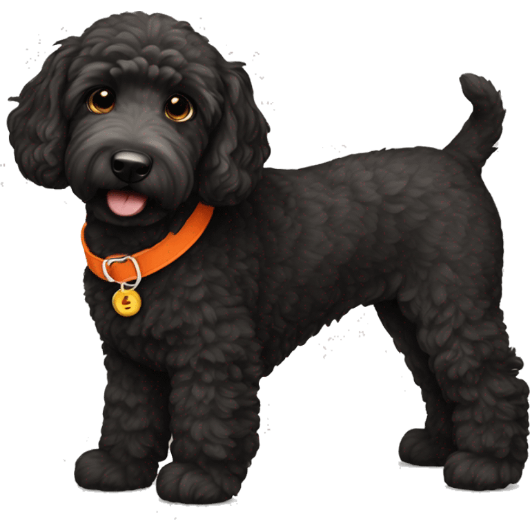 Black golden doodle wearing an orange collar emoji