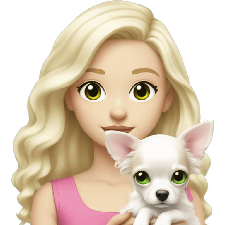 pale blond girl with wavy long platinum hair with green eyes holding a white chihuahua puppy that wearing a pink bow emoji