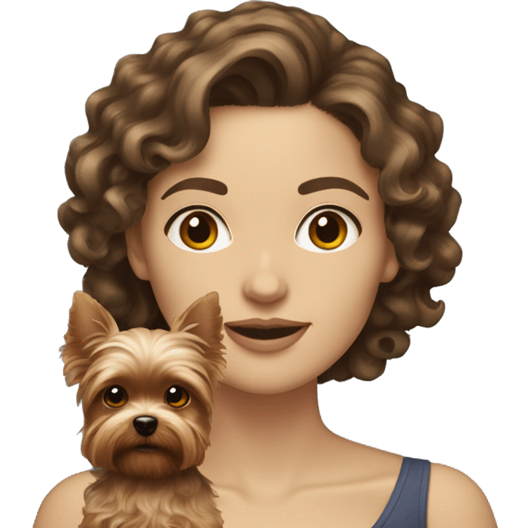 white women with curly medium length brunette hair, holding a cute yorkie dog emoji