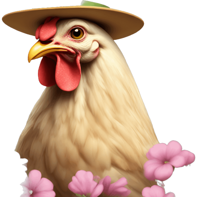 Chicken with hat and flowers emoji