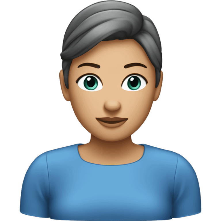 Donna in stile emoji di iPhone: capelli corti biondo chiaro leggermente mossi, occhi blu, lieve sorriso, carnagione chiara, vestito blu, sfondo trasparente. emoji