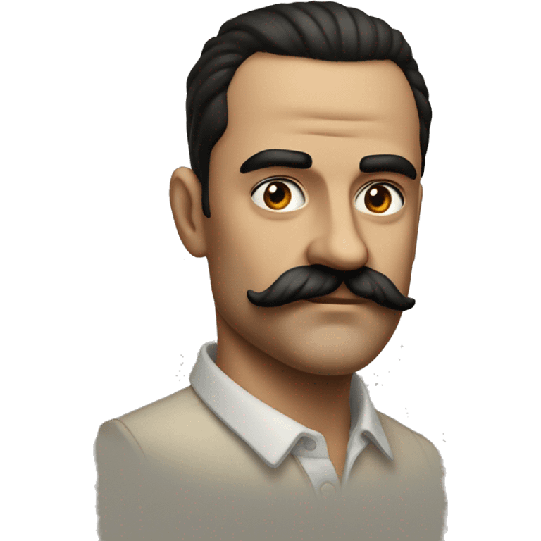 A man tht have prominent and rather large forehead, a dark, slicked-back hairstyle, and a distinctive mustache. His facial features, often depicted in historical photographs and films, include a stern expression with piercing eyes and a prominent nose emoji